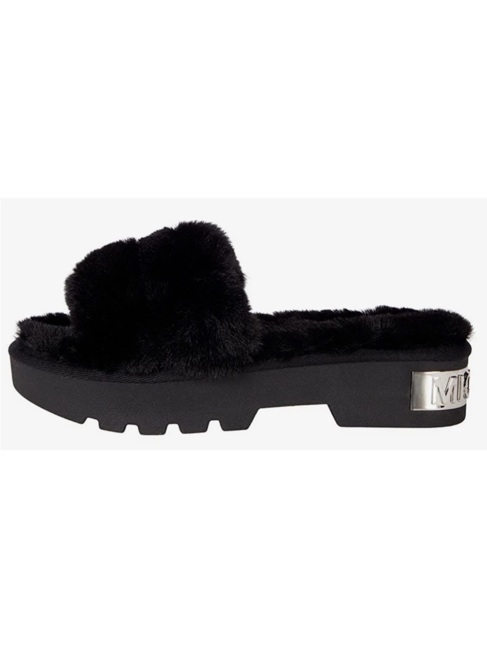 MICHAEL Michael Kors Black Faux Fur Lug Slide with Logo Accent
